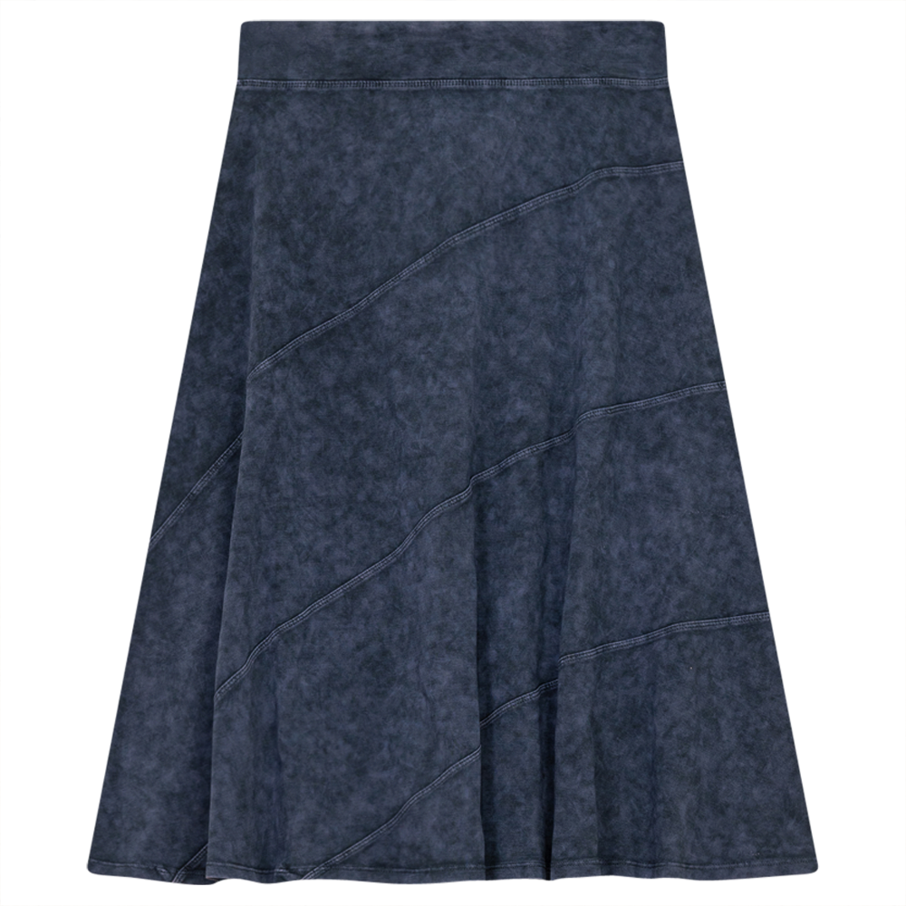 Ladies Short Denim Wash Skirt With Diagonal Cuts in Dark Denim Wash by Red Myth