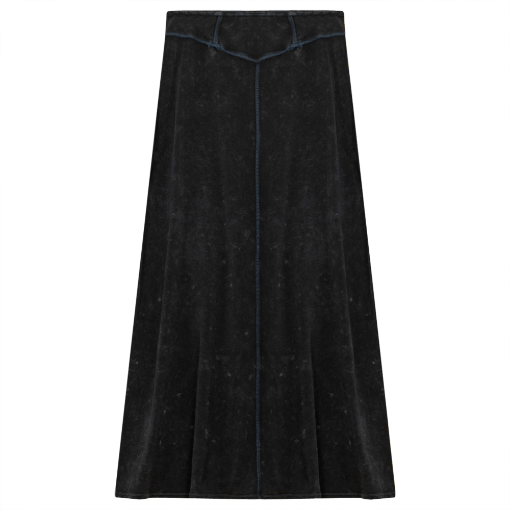 Ladies Long Denim Wash Skirt With Seam Down The Center in Black Denim Wash
