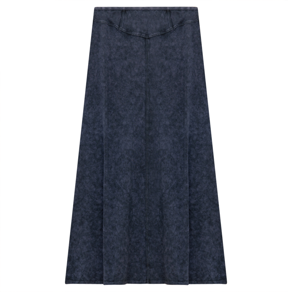 Ladies Long Denim Wash Skirt With Seam Down The Center in Dark Denim Wash by Red Myth