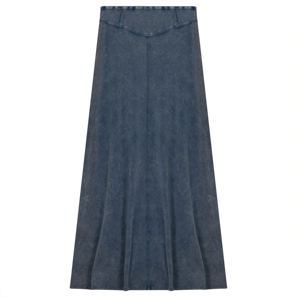 Ladies Long Denim Wash Skirt With Seam Down The Center in Light Denim Wash by Red Myth