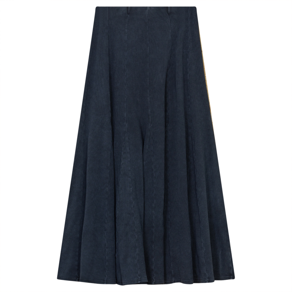 Ladies Paneled Long Denim Wash Skirt in Dark Denim Wash by Red Myth