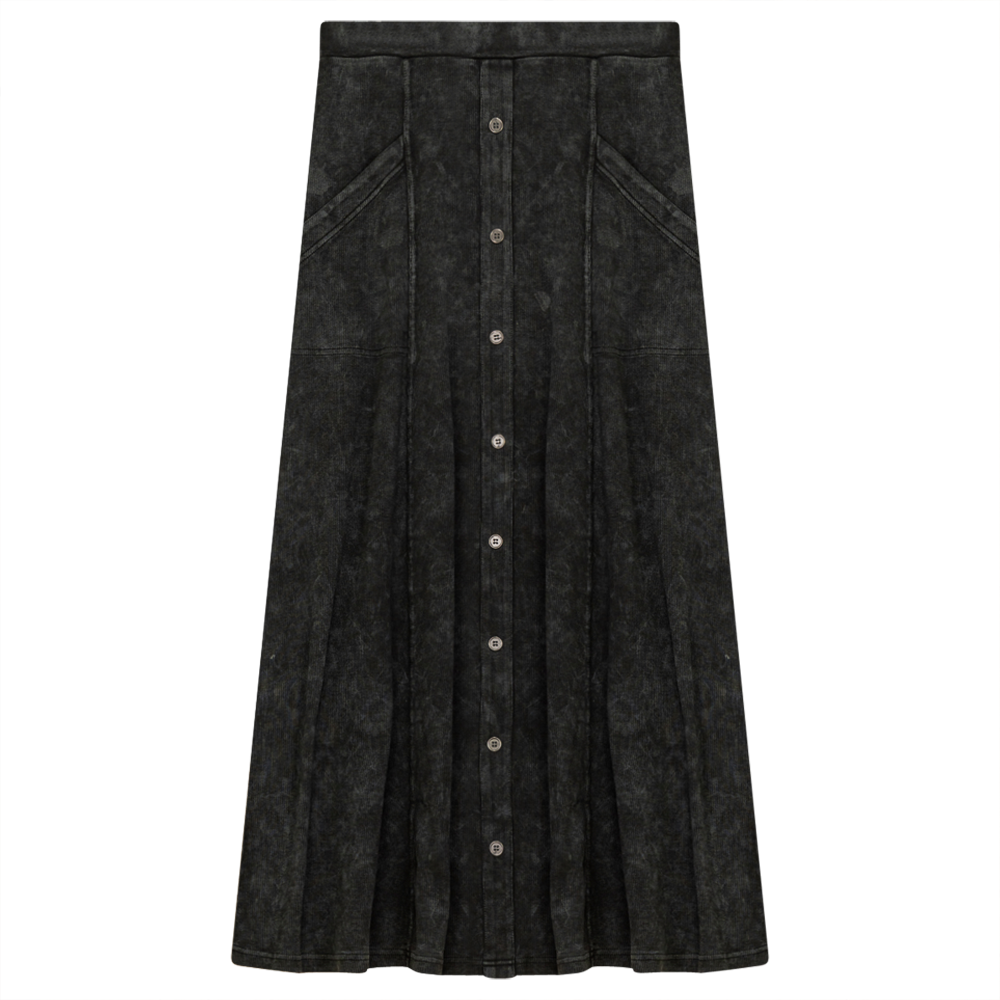 Ladies Button Down Denim Wash Rib Long Skirt in Black Wash by Red Myth