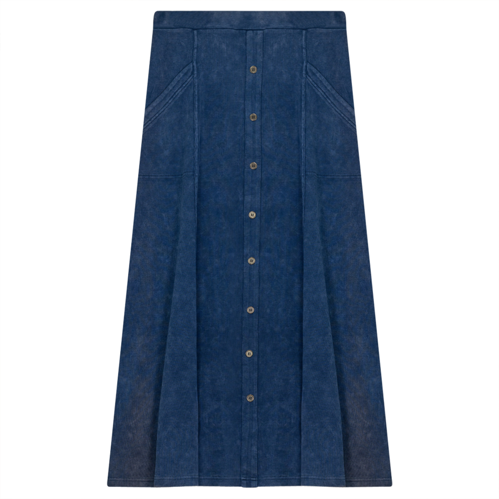 Ladies Button Down Denim Wash Rib Long Skirt in Indigo Wash by Red Myth