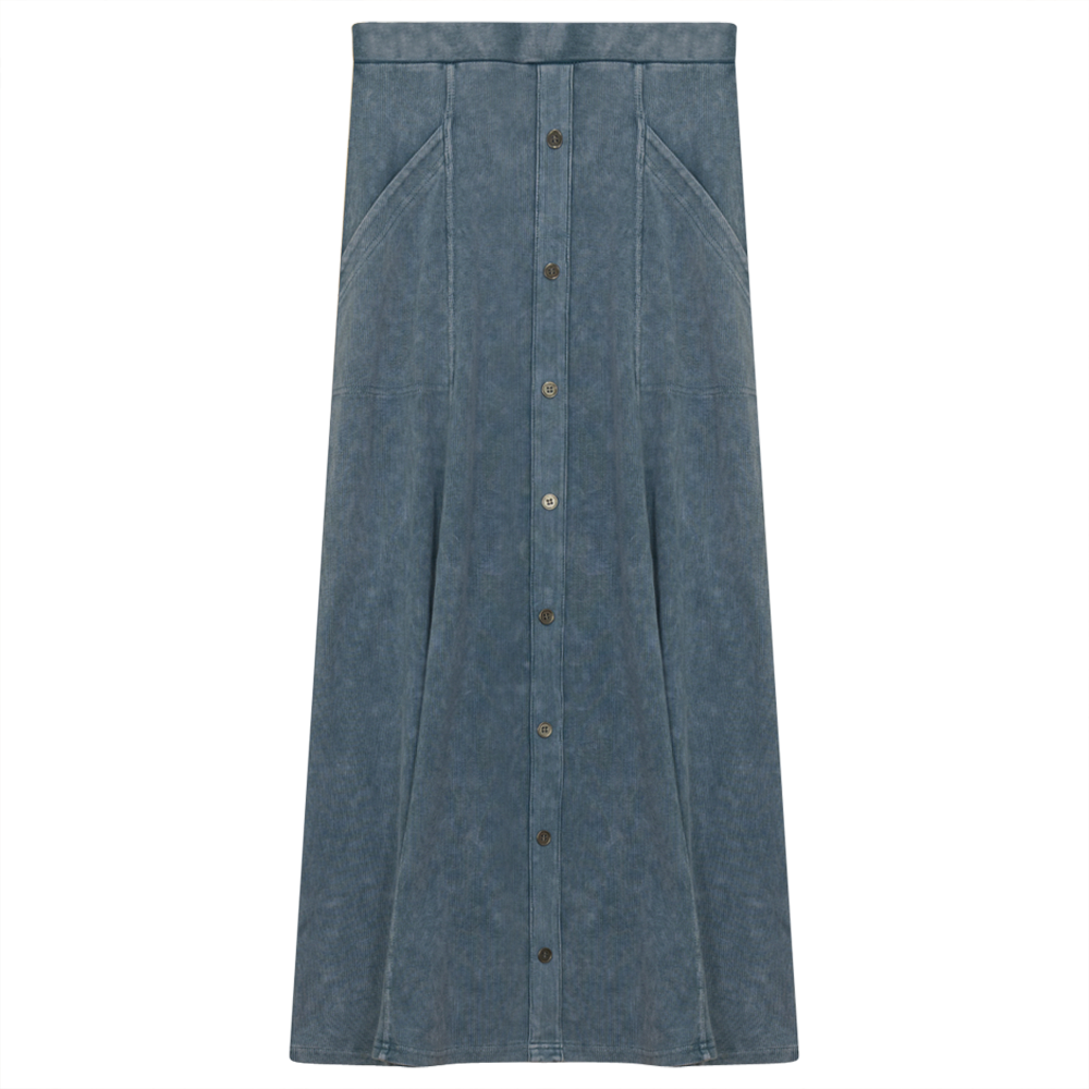 Ladies Button Down Denim Wash Rib Long Skirt in Light Denim Wash by Red Myth