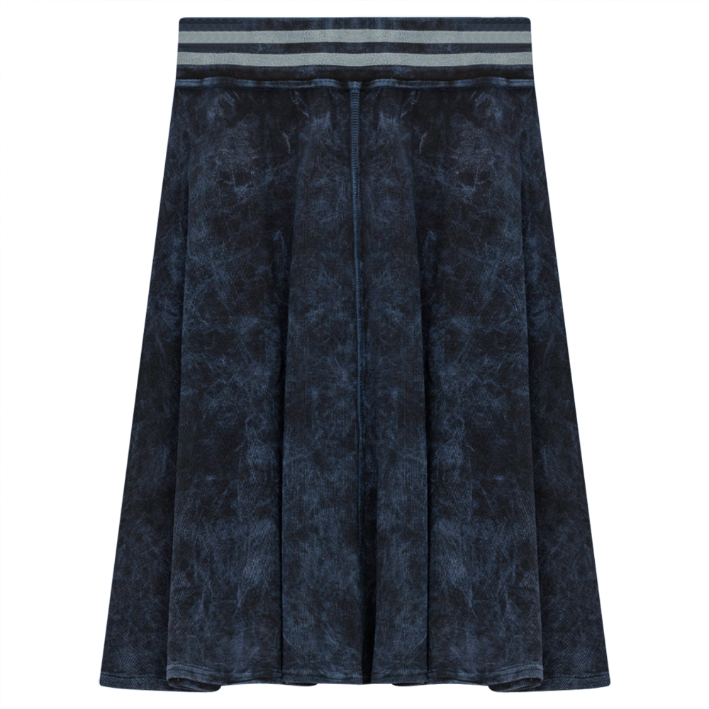 Ladies Denim Rib Short Panel Skirt With Elastic Stripe Waistband in Dark Denim Wash by Dot