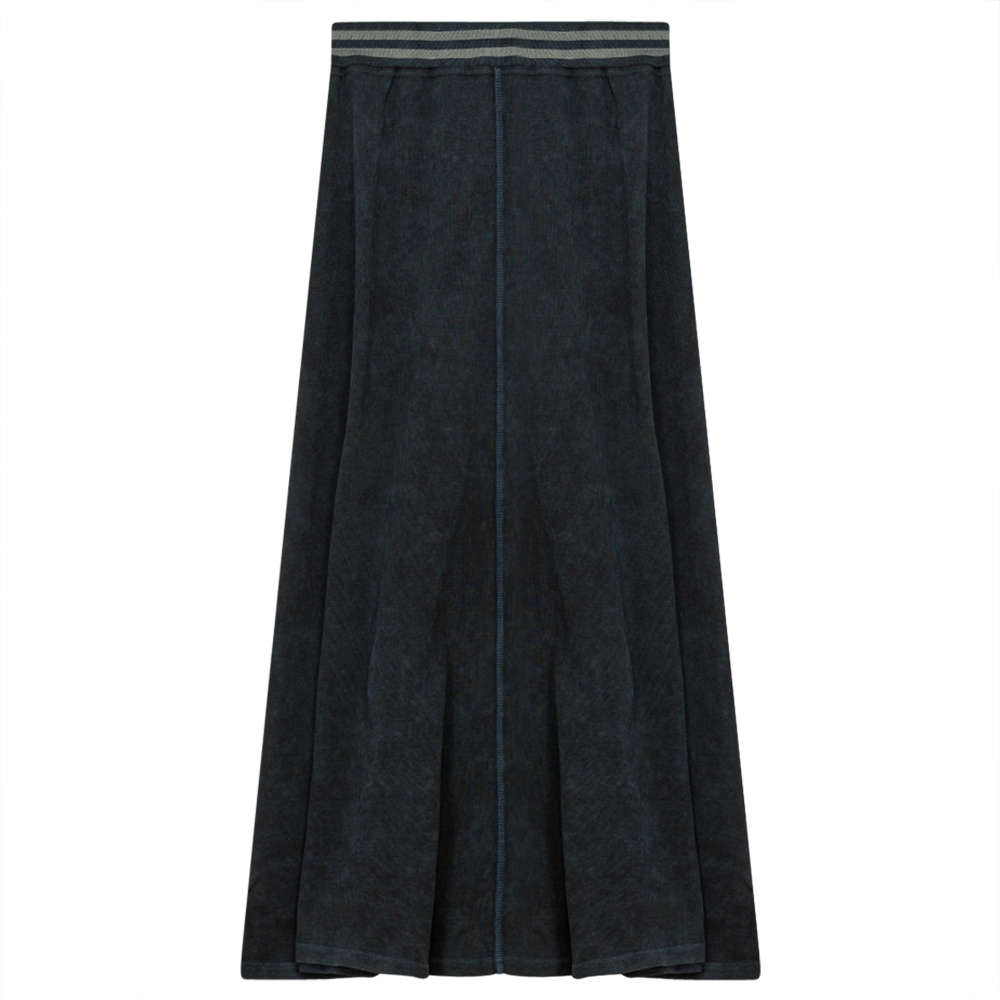 Ladies Denim Rib Long Panel Skirt With Elastic Stripe Waistband in Black Denim Wash by Dot