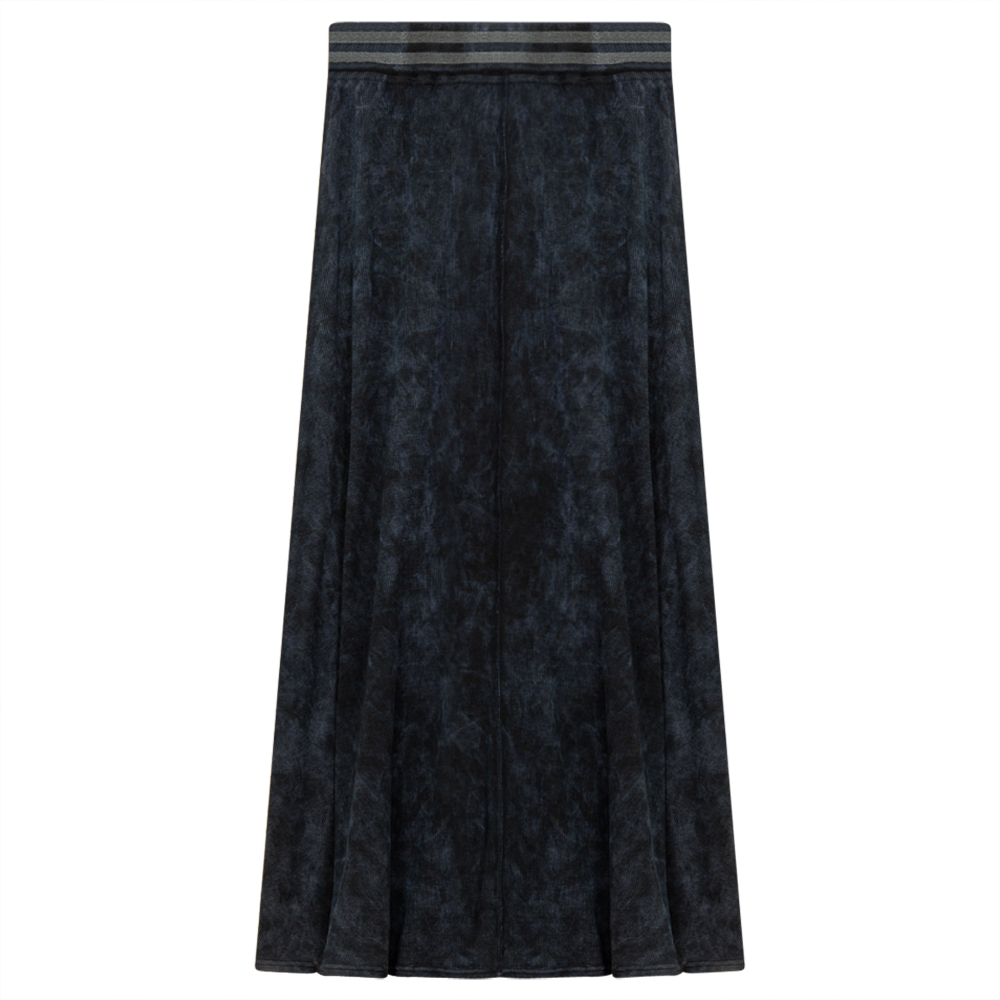 Ladies Denim Rib Long Panel Skirt With Elastic Stripe Waistband in Dark Denim Wash by Dot