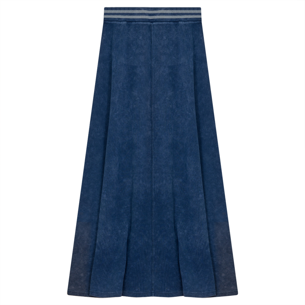 Ladies Denim Rib Long Panel Skirt With Elastic Stripe Waistband in Indigo Wash by Dot