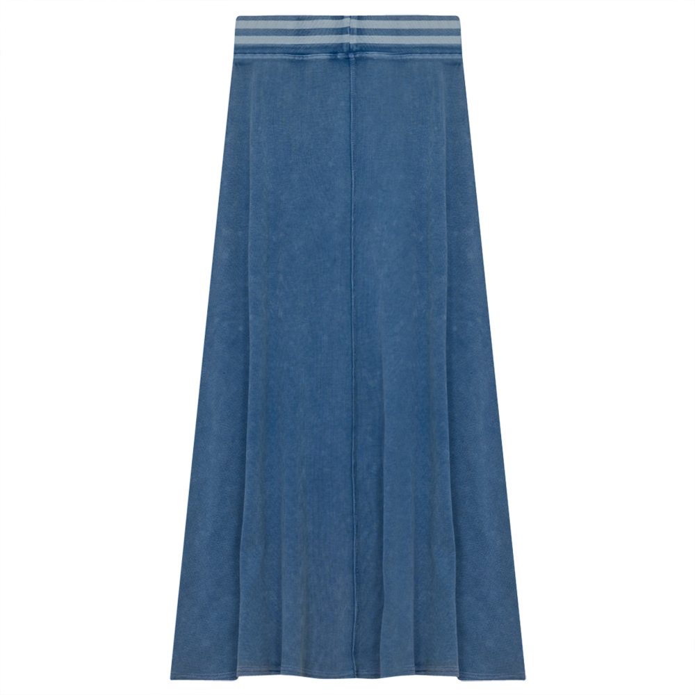 Ladies Denim Rib Long Panel Skirt With Elastic Stripe Waistband in Light Denim Wash by Dot