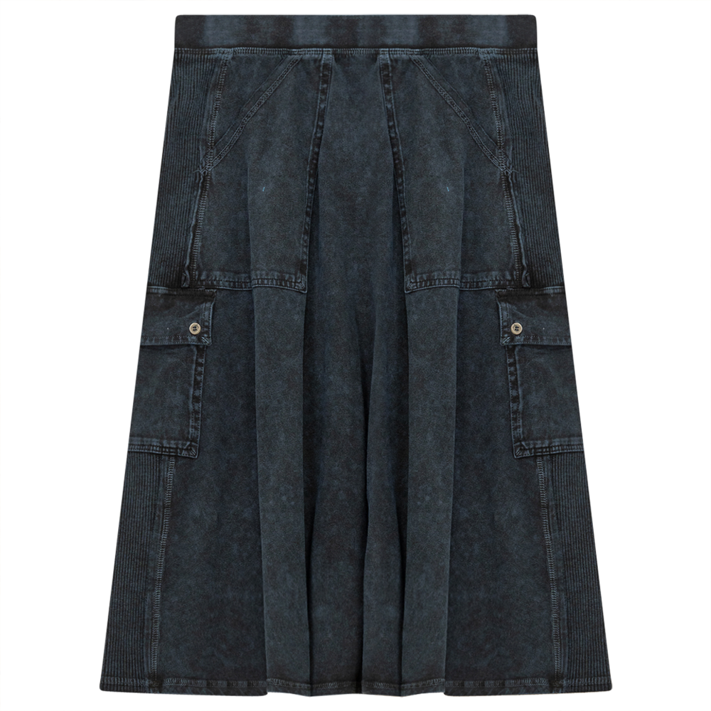 Ladies Tie Dye Wash Rib Short Skirt With Side Pockets in Indigo Wash by Dot