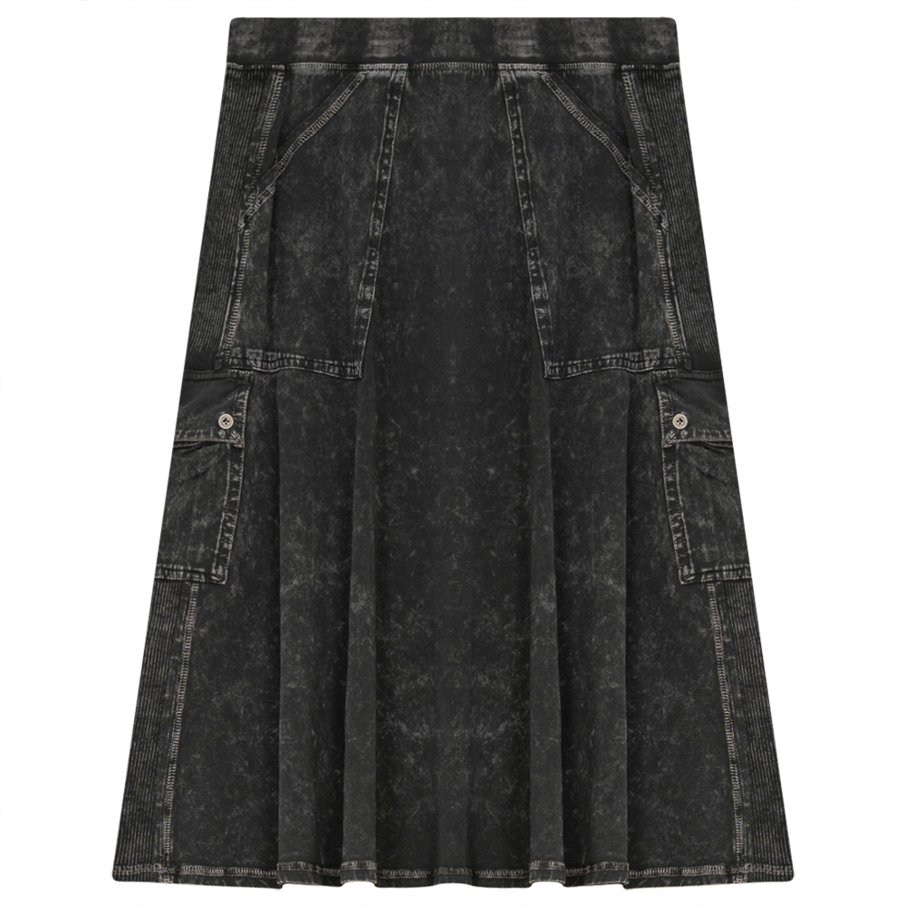 Ladies Tie Dye Wash Rib Short Skirt With Side Pockets in Medium Grey Wash by Dot