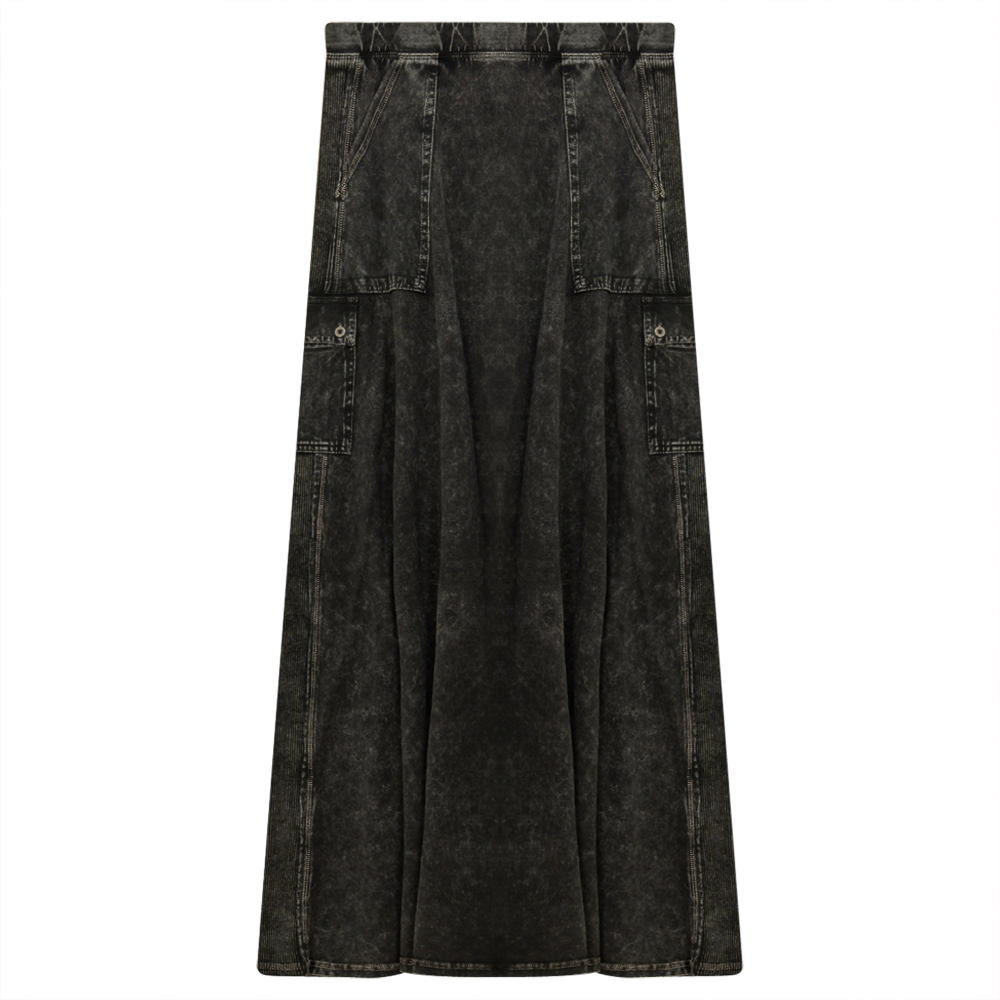 Ladies Tie Dye Wash Rib Long Skirt With Side Pockets in Black Wash by Dot
