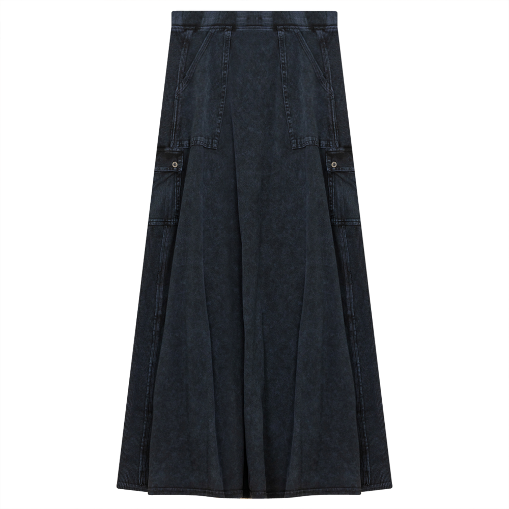 Ladies Tie Dye Wash Rib Long Skirt With Side Pockets in Indigo Wash by Dot