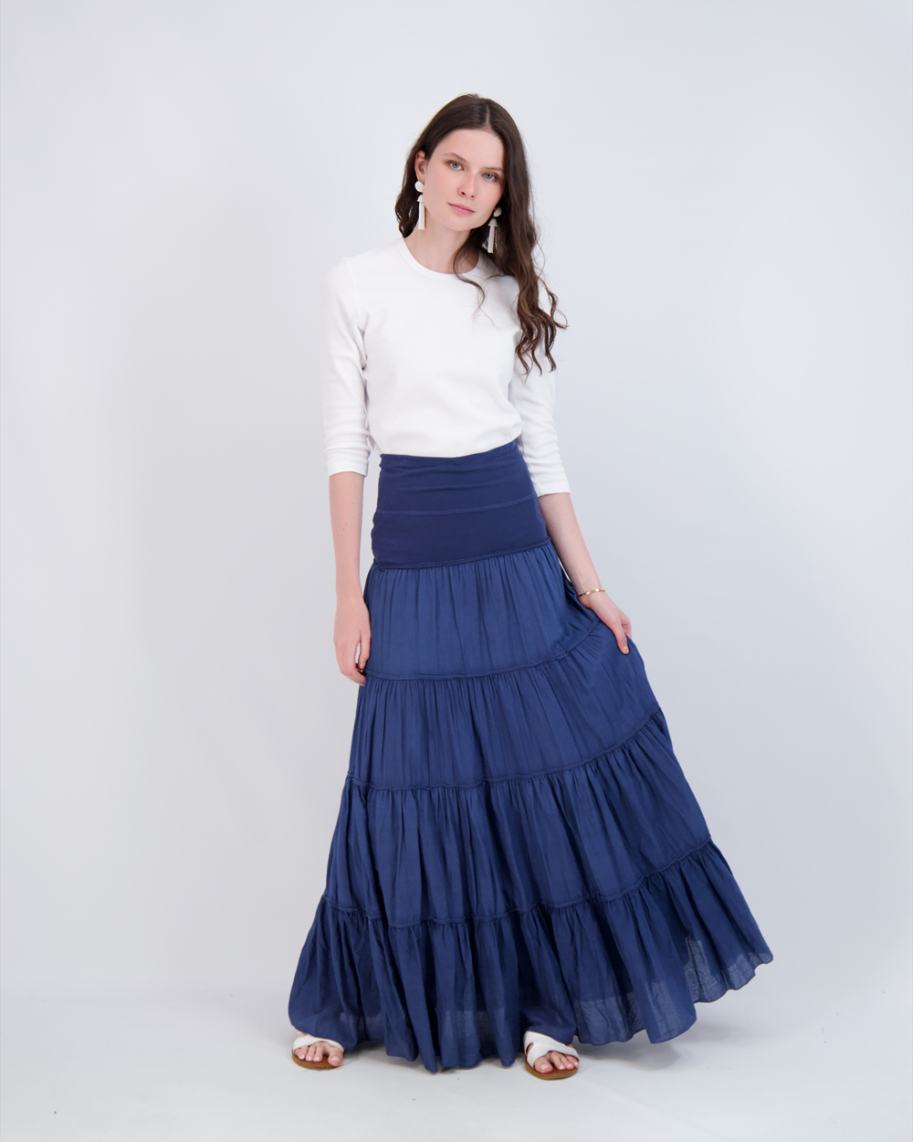 Ladies Tiered Maxi Gauze Skirt in Denim by Red Myth