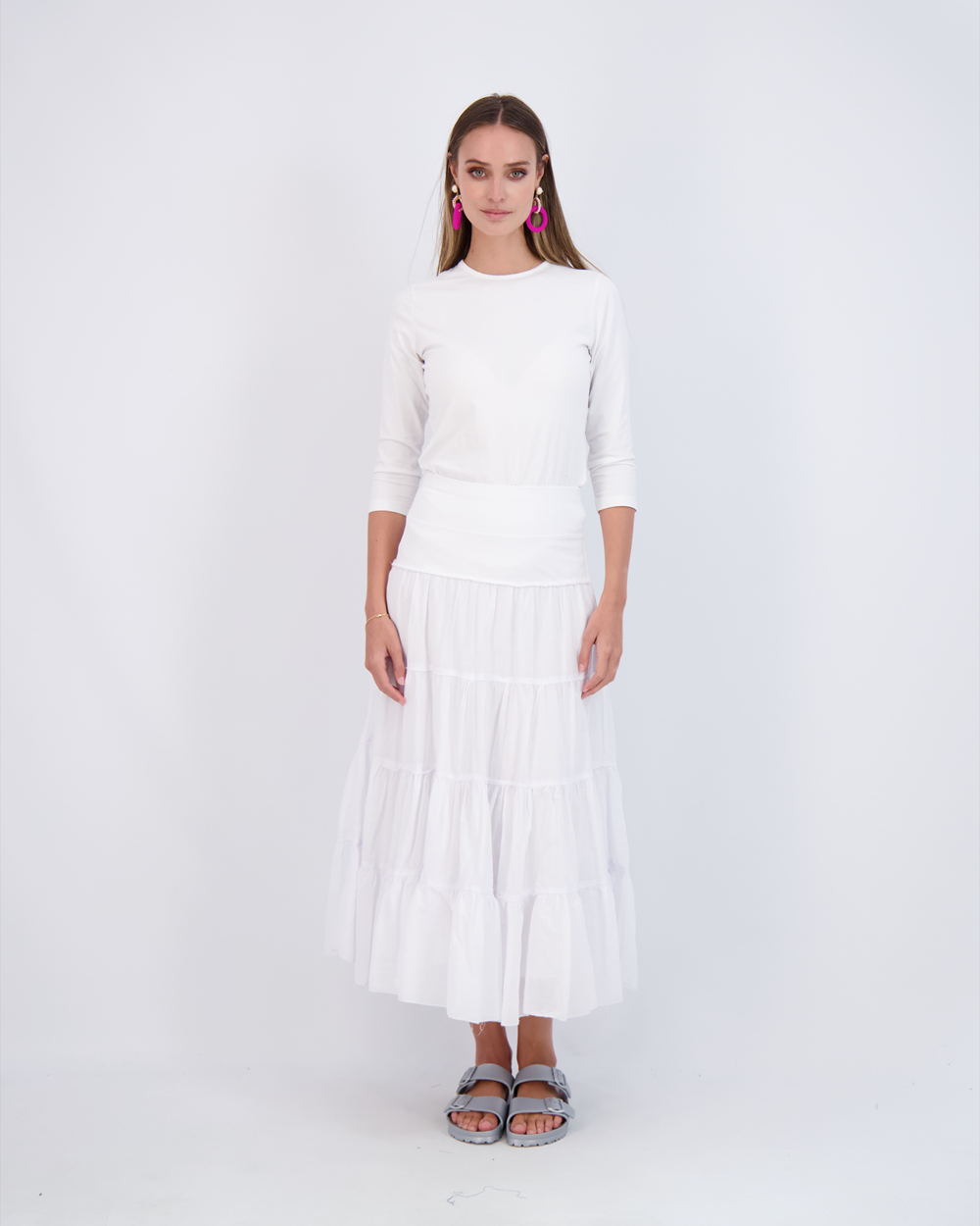 Ladies Tiered Maxi Gauze Skirt in White by Red Myth
