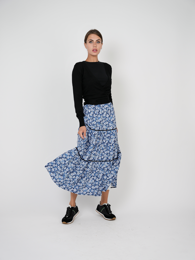 Satin Midi Floral Skirt With Velvet Trim The Norway Club Ladies Skirt - TheHushShop.com