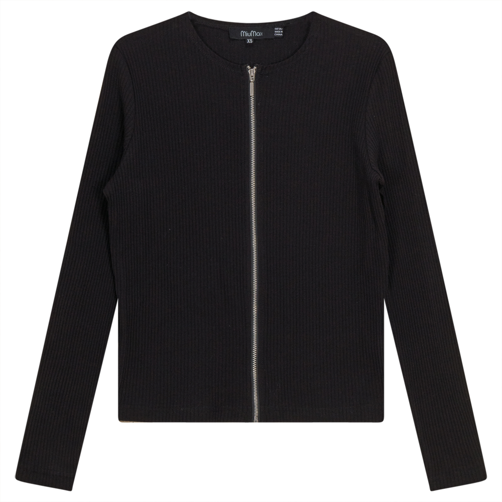 Thin Ribbed Crop Zipper Bomber in Black by MiuMax