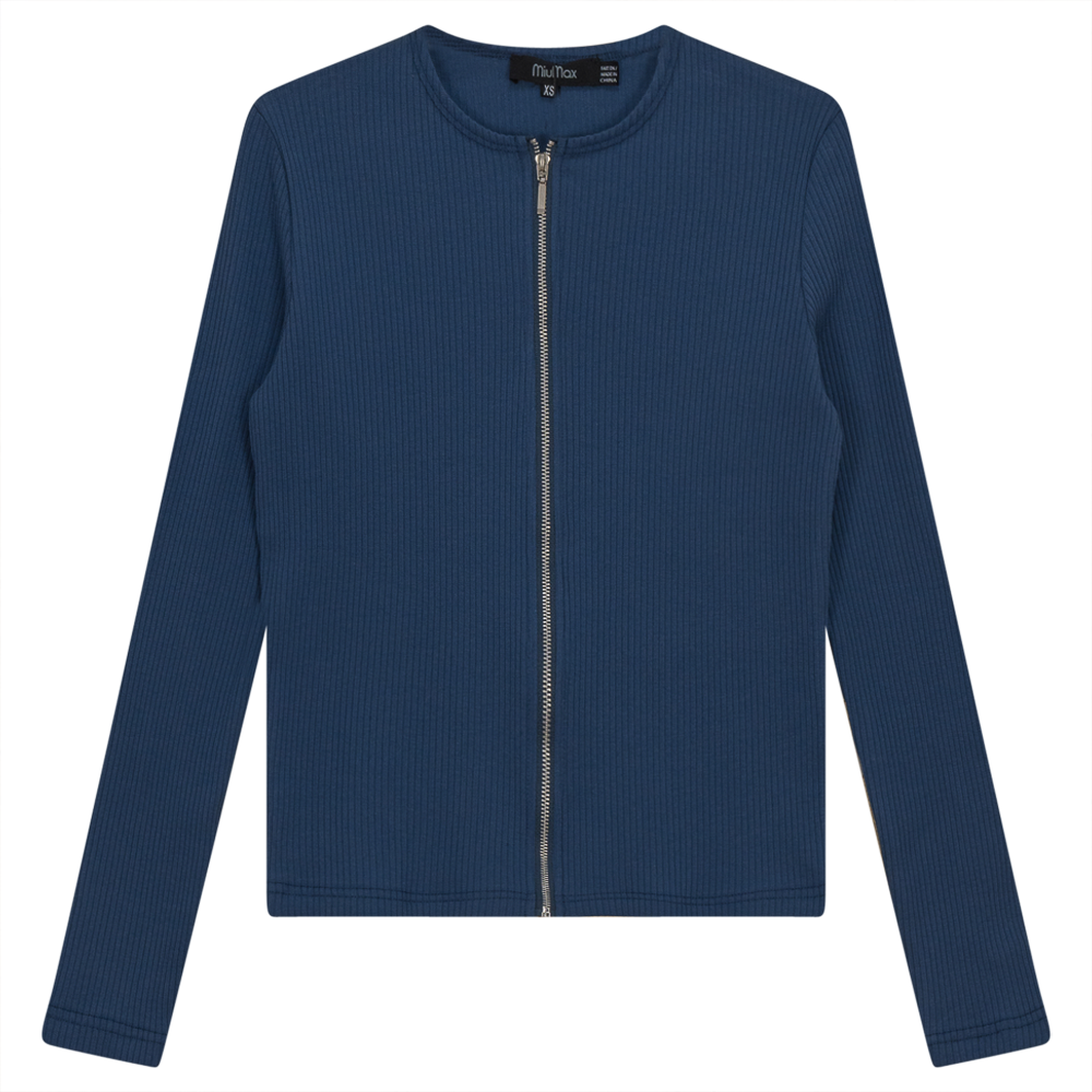 Thin Ribbed Crop Zipper Bomber in Chambray by MiuMax