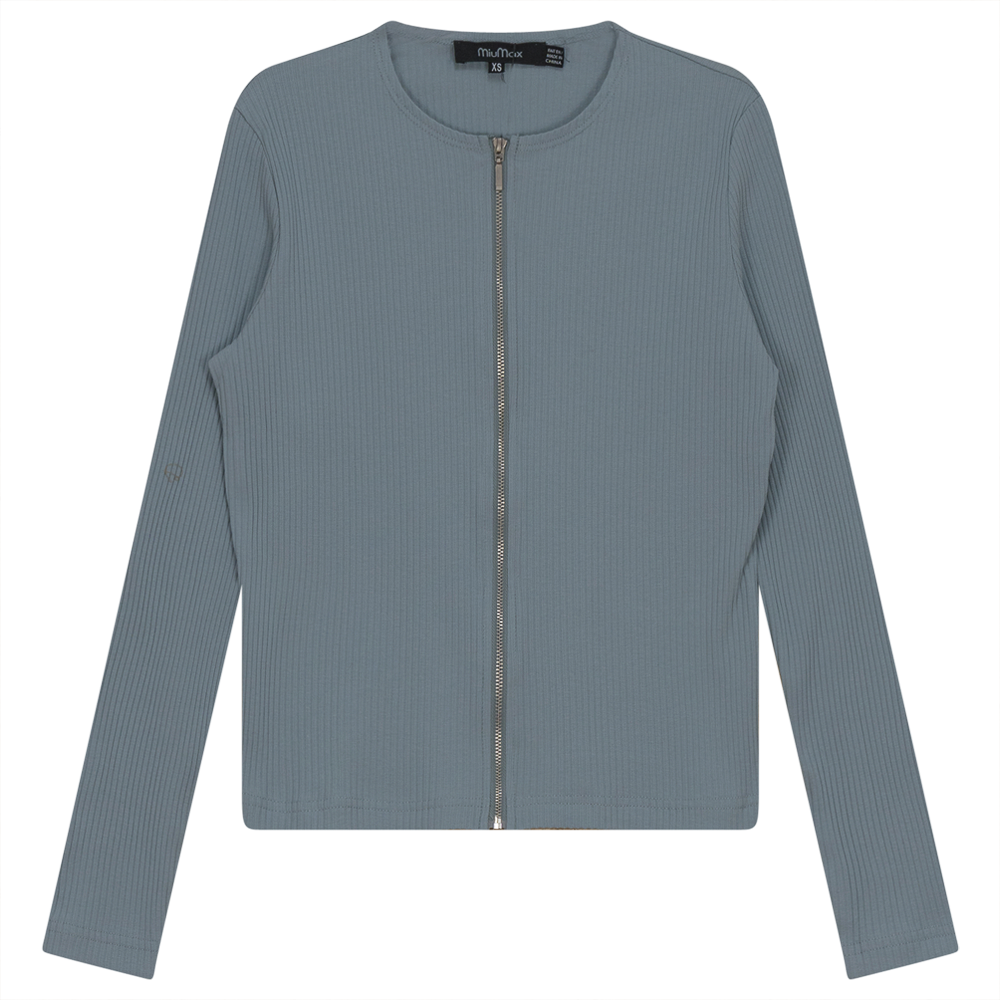 Thin Ribbed Crop Zipper Bomber in Light Denim by MiuMax