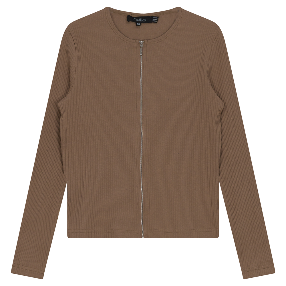 Thin Ribbed Crop Zipper Bomber in Taupe by MiuMax