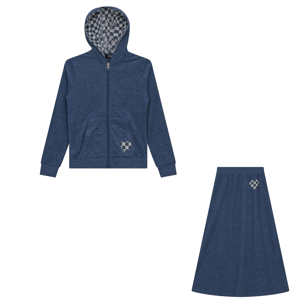 Checkered Heart Applique Terry 2PC Set Denim Mix Girls Robe by {{ product_vemdor}}