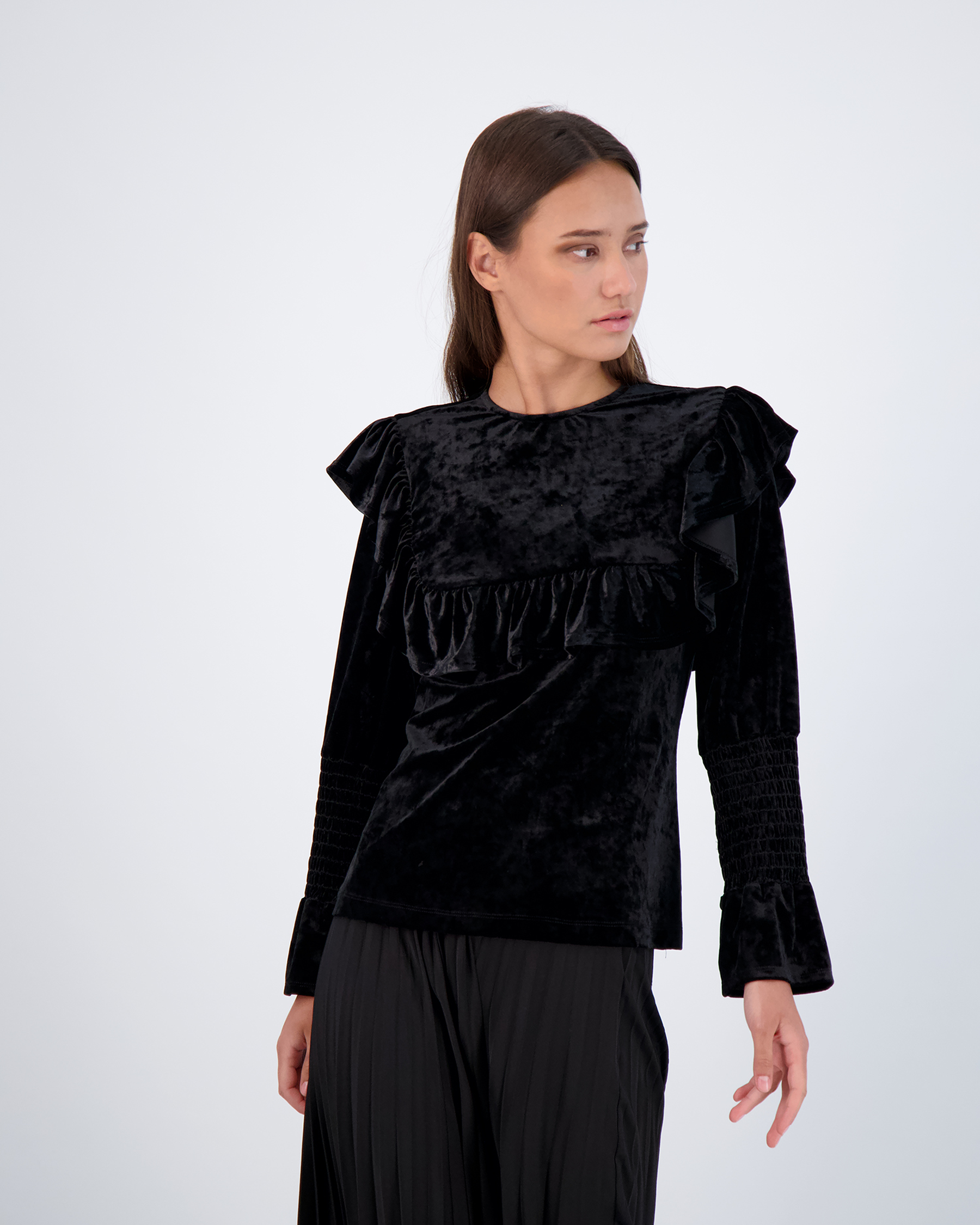 Smocked Sleeves Top With Ruffles in Black by Myth