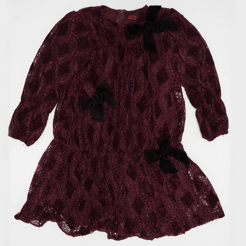 Lace Velour Bow Dress in Wine by Lola