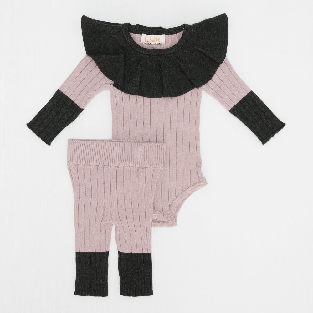 Two Pece Rib Ruffle Set in Pink Silver by Space Grey