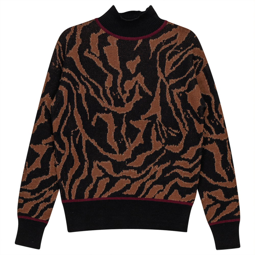 Mock Neck Leopard Knit Chenille Sweater in Black by Coco