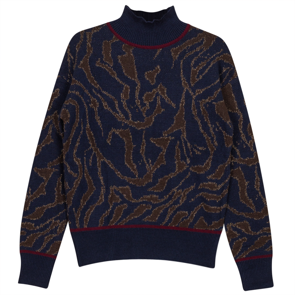 Mock Neck Leopard Knit Chenille Sweater in Navy by Coco
