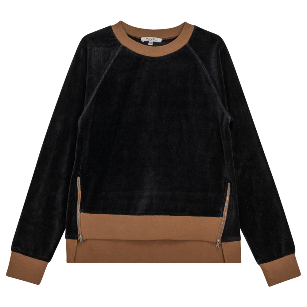 Cotton Velour Raglan Sleeve Zipper Top in Black Taupe by Vivid
