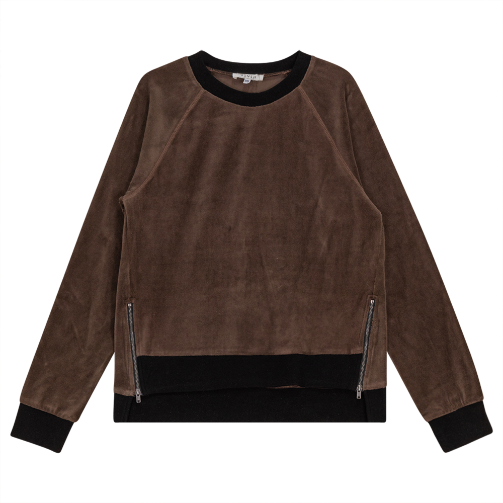 Cotton Velour Raglan Sleeve Zipper Top in Coffee Black by Vivid
