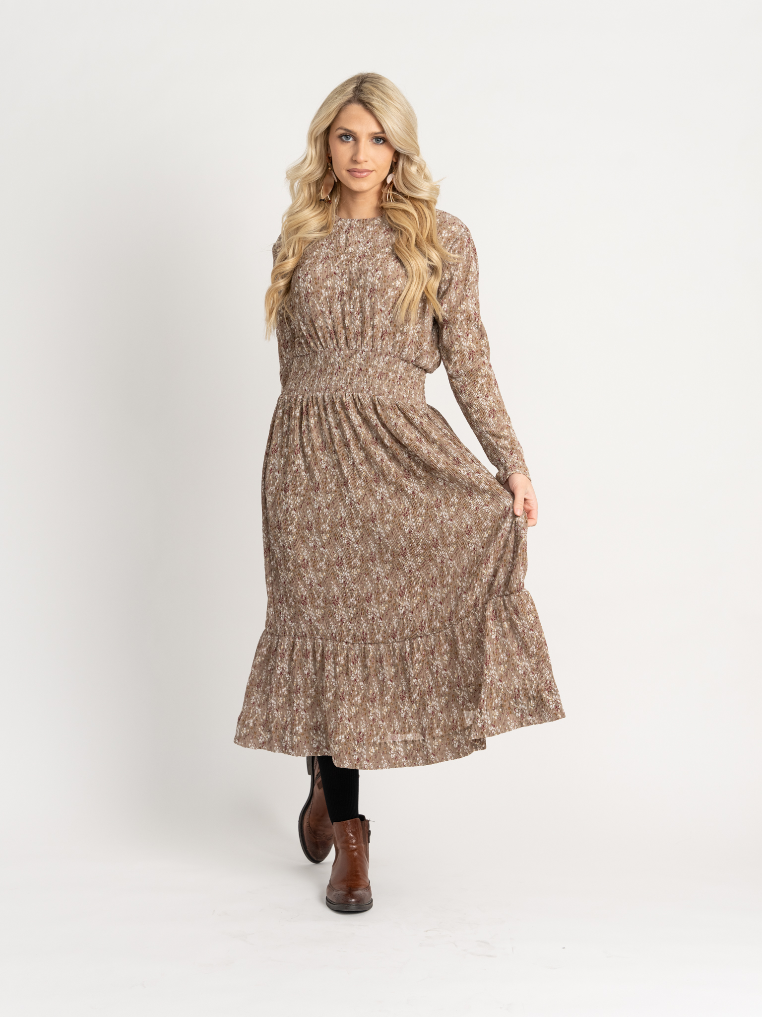 Pleated Chiffon Floral Midi Dress in by Coco