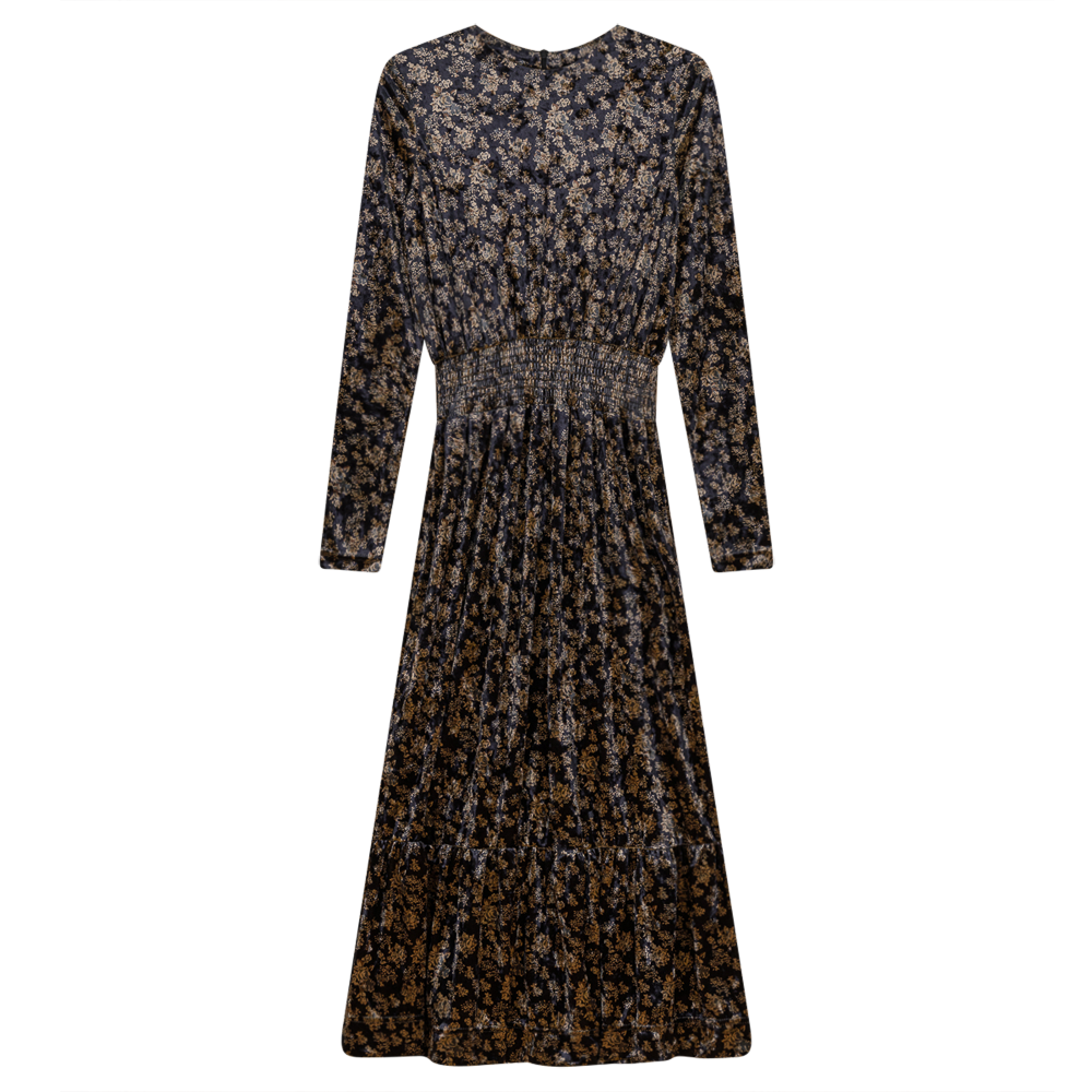 Midi Pleated Velour Floral Dress in Black by Club Malibu