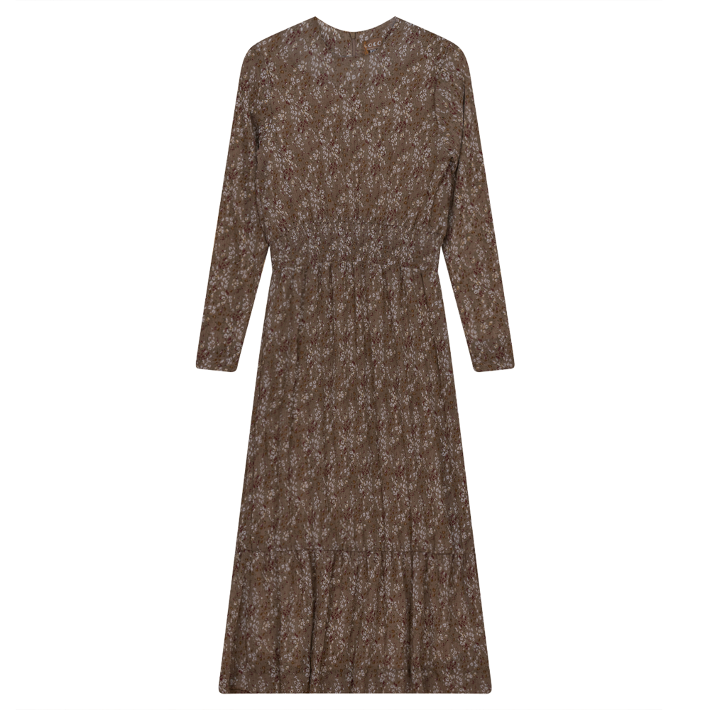 Pleated Chiffon Floral Midi Dress in Stone Taupe by Coco