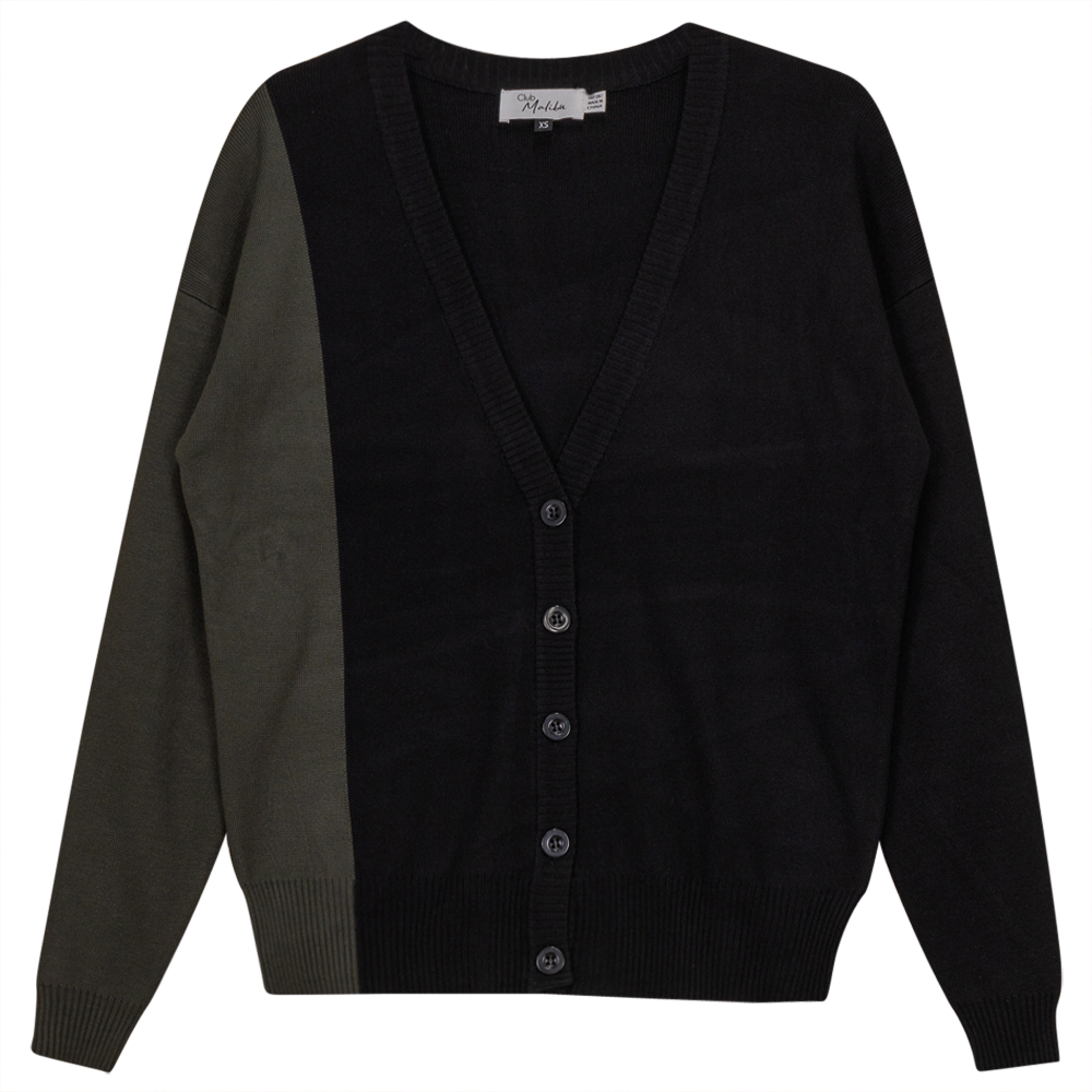 Color Block Knit Cardigan in Black Dark Olive by Club Malibu