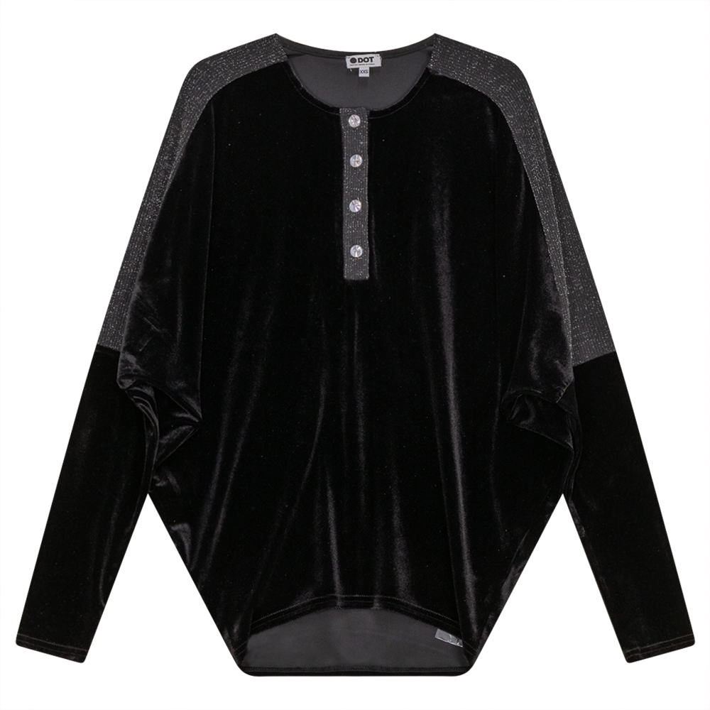 Velour Dolman Henley Top With Lurex Rib Contrast in Black by Dot