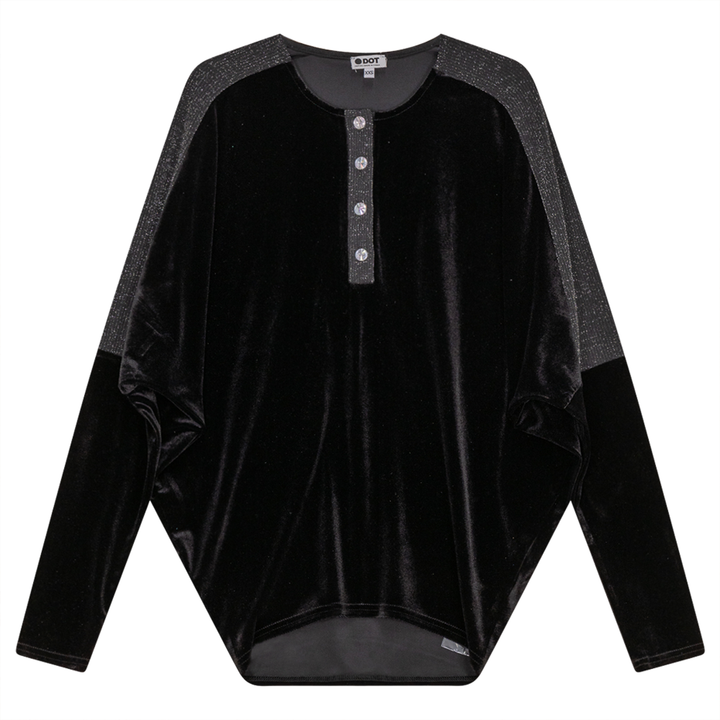 Velour Dolman Henley Top With Lurex Rib Contrast Black Ladies Pullover by {{ product_vemdor}}