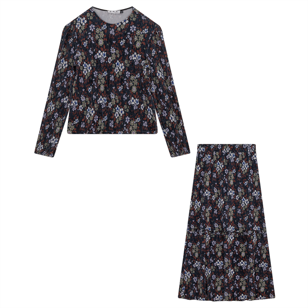 Pleated Floral Velour Set in Black Rust by E.U.X. Exclusive
