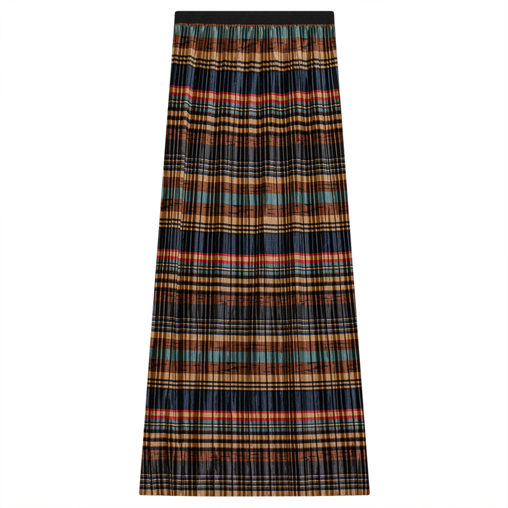 Accordion Pleated Striped Velour Maxi A-Line Skirt in Multi Color Stripe by Midi