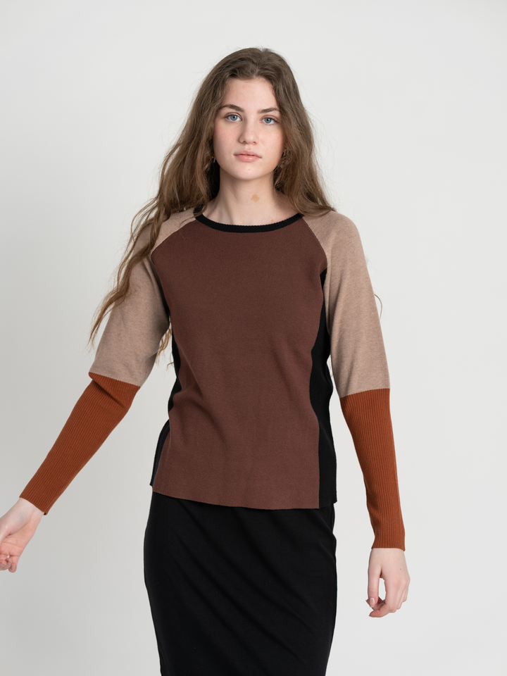 Color Blocked Ribbed Knit Combo Sweater Ladies Pullover by {{ product_vemdor}}