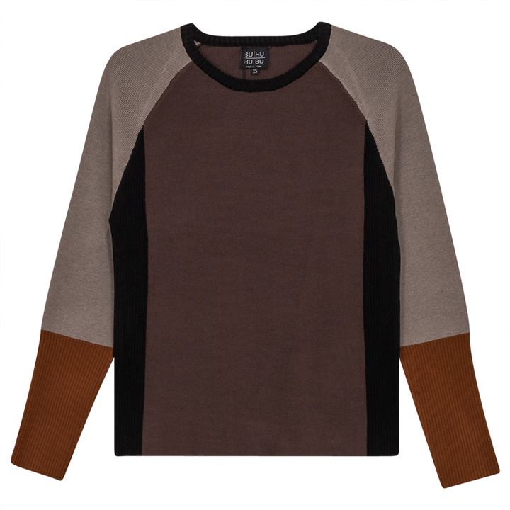 Color Blocked Ribbed Knit Combo Sweater Coffee Black Ladies Pullover by {{ product_vemdor}}