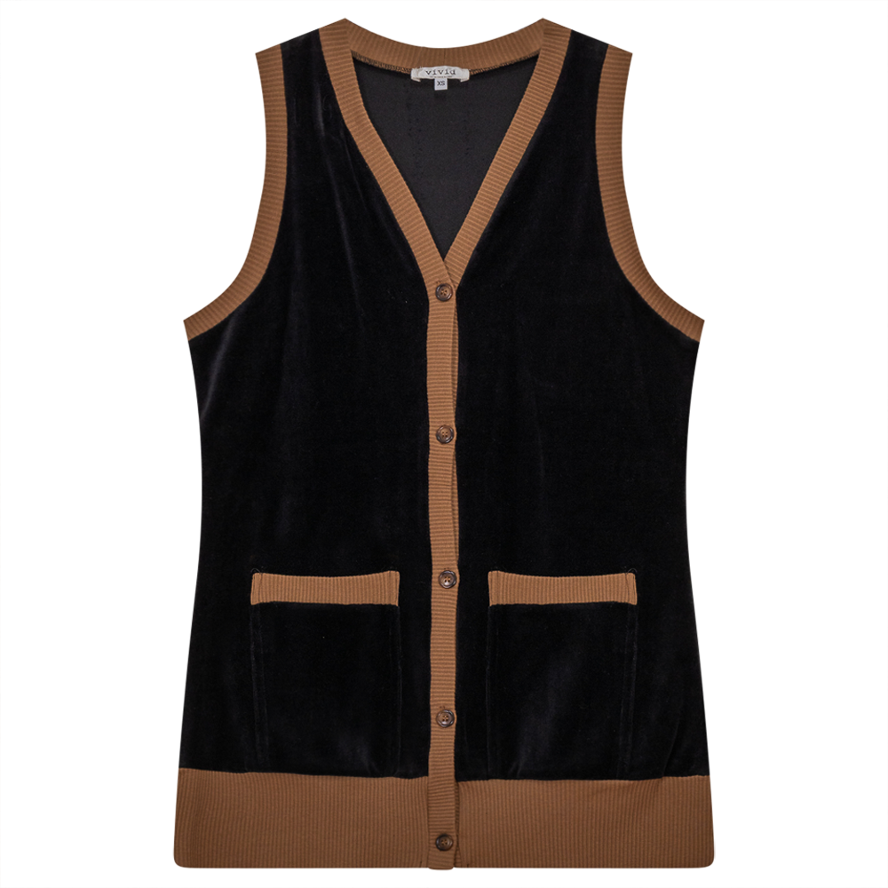 Midi Velour Vest Cardigan in Black Taupe by Vivid