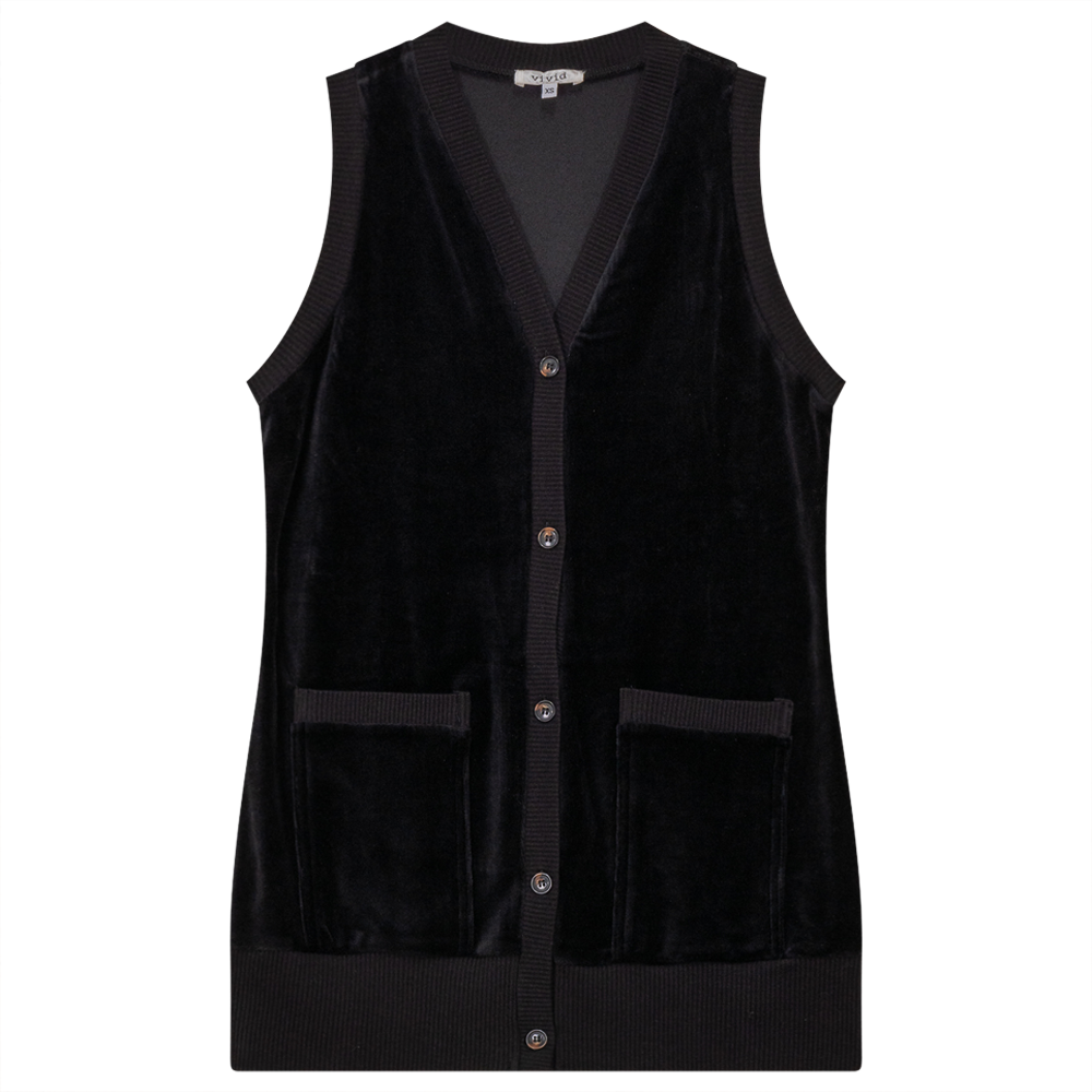 Midi Velour Vest Cardigan in Black by Vivid