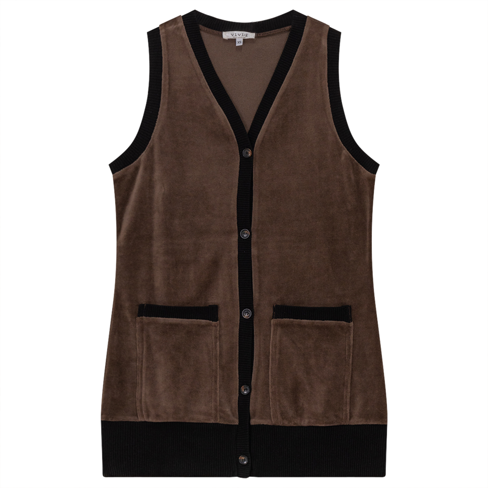 Midi Velour Vest Cardigan in Coffee by Vivid