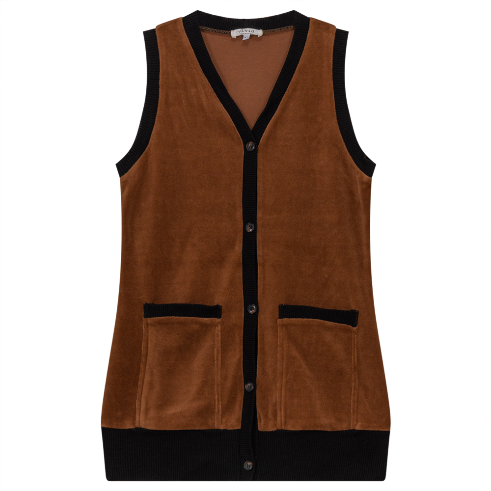 Midi Velour Vest Cardigan in Cognac by Vivid