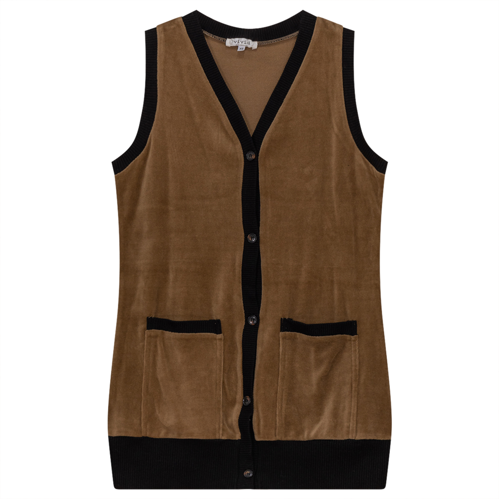 Midi Velour Vest Cardigan in Taupe by Vivid