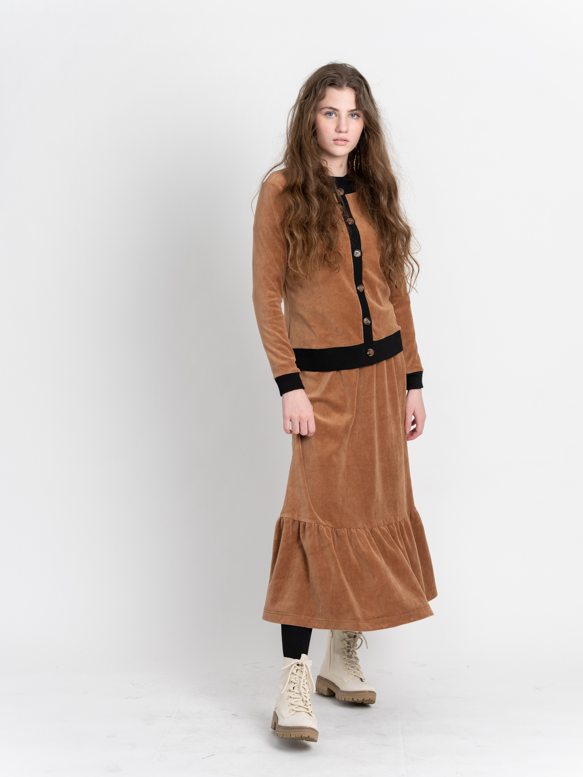 Velour Round Neck Cardigan in by Vivid
