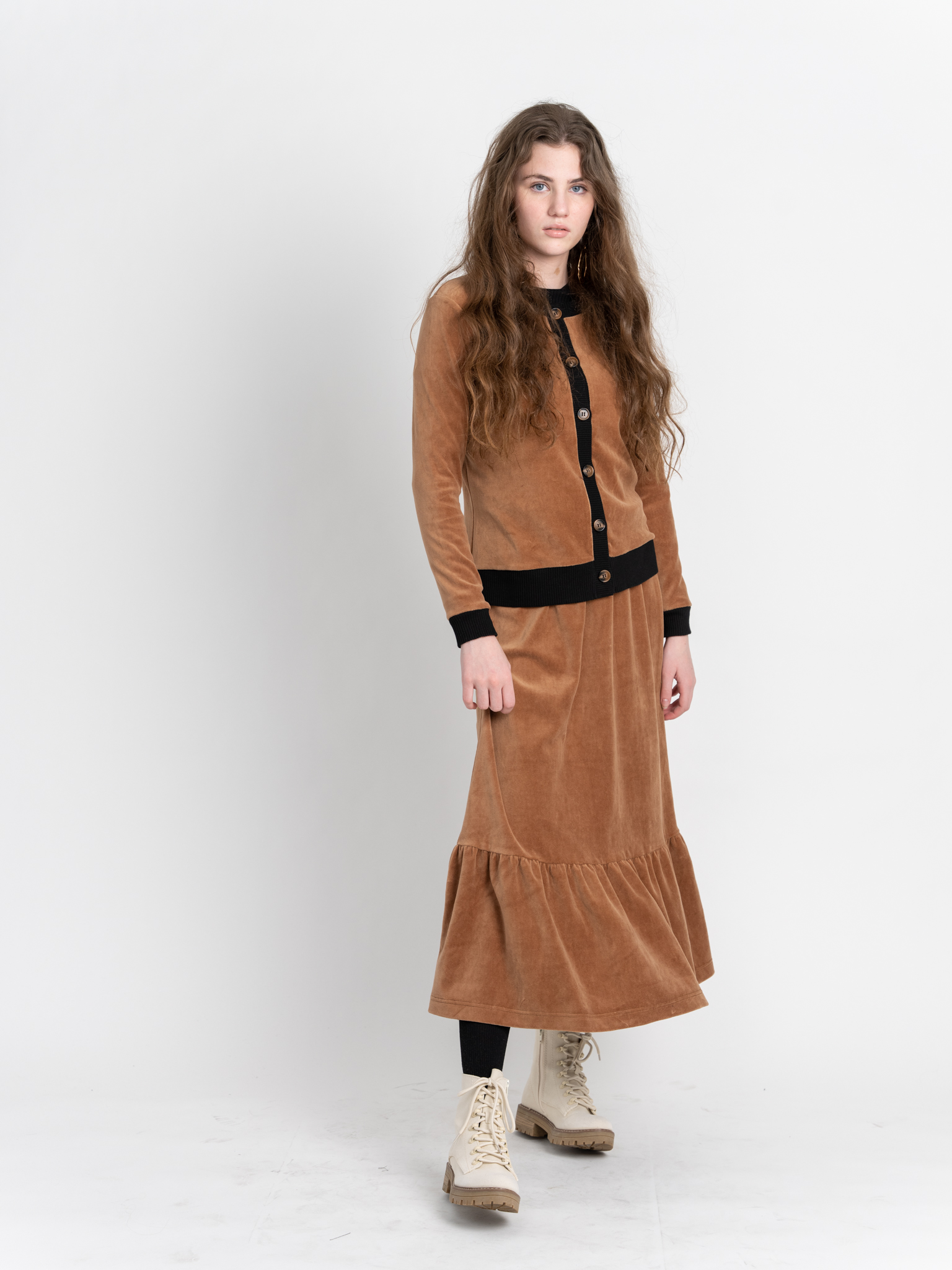 Velour Round Neck Cardigan in by Vivid