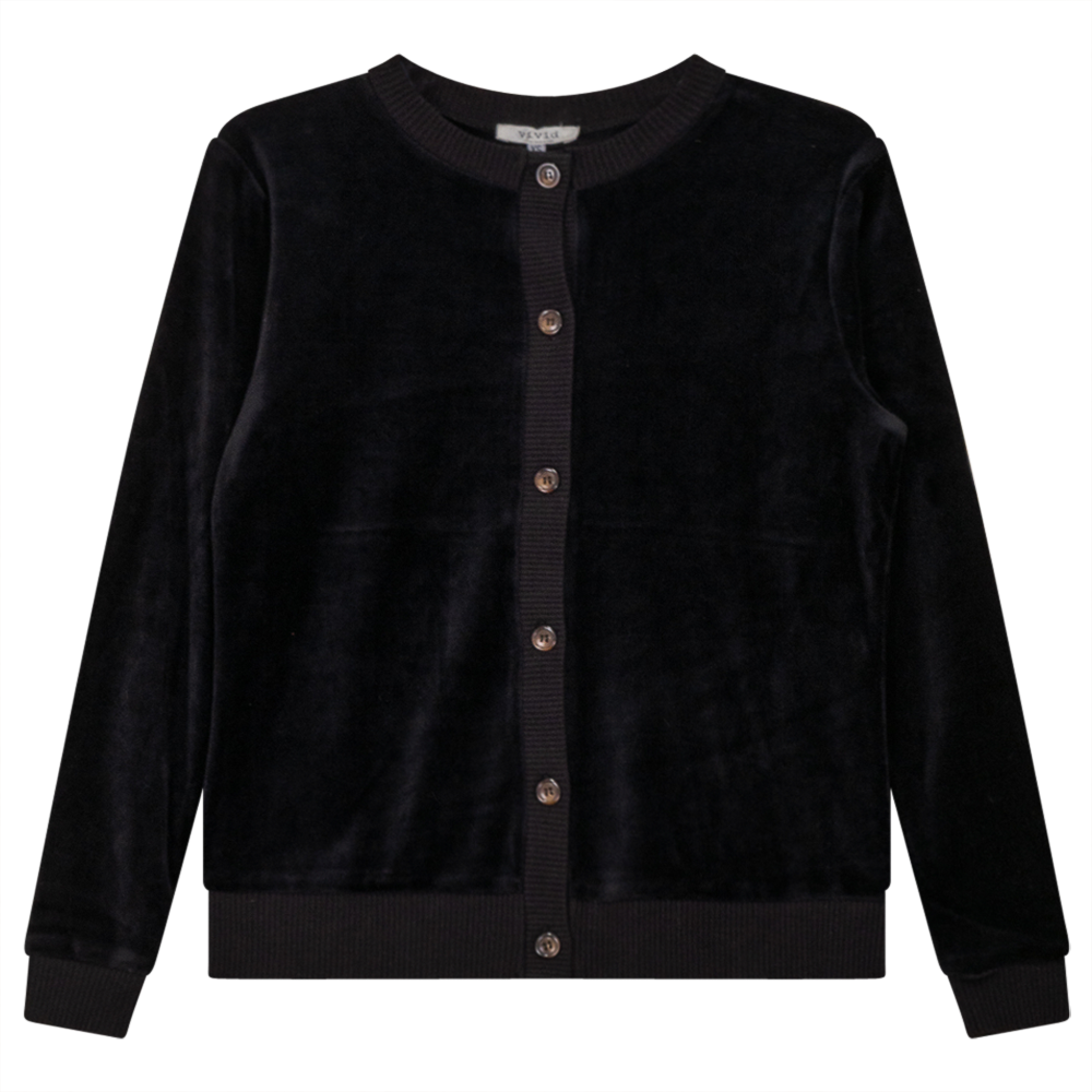 Velour Round Neck Cardigan in Black by Vivid